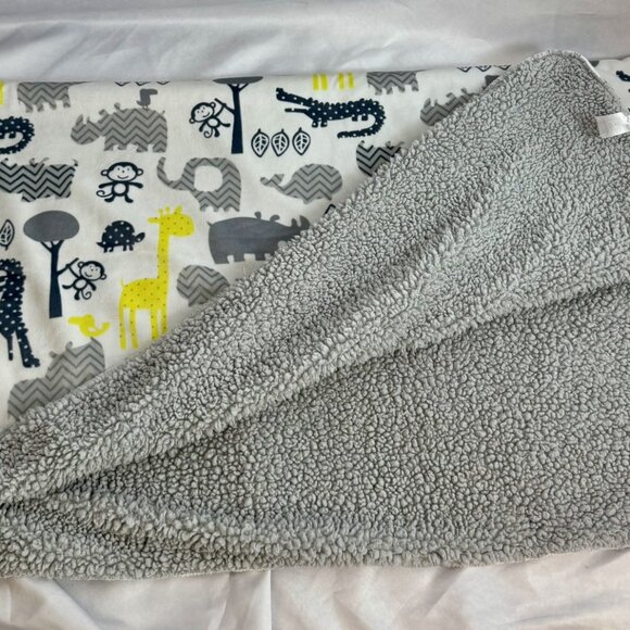Gray Sherpa Minky Yellow Giraffe Monkey Rhino Baby Blanket 30 x 40 - Picture 5 of 7